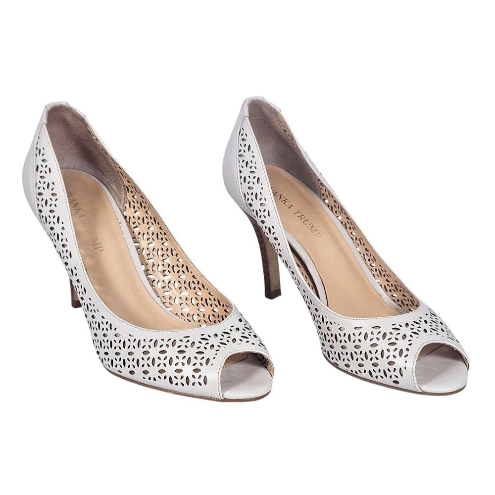Ivanka Trump Comfy Women Ivory Lazer cut Leather Peep Toe High Heel Pumps 9M